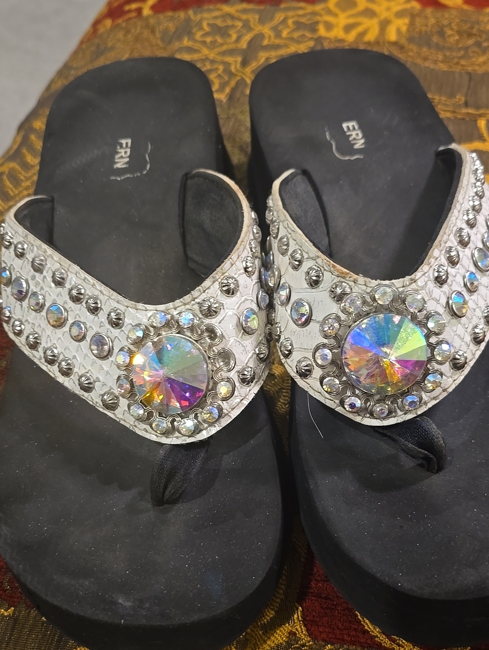 Jeweled Black and Silver Women's Thong Sandals